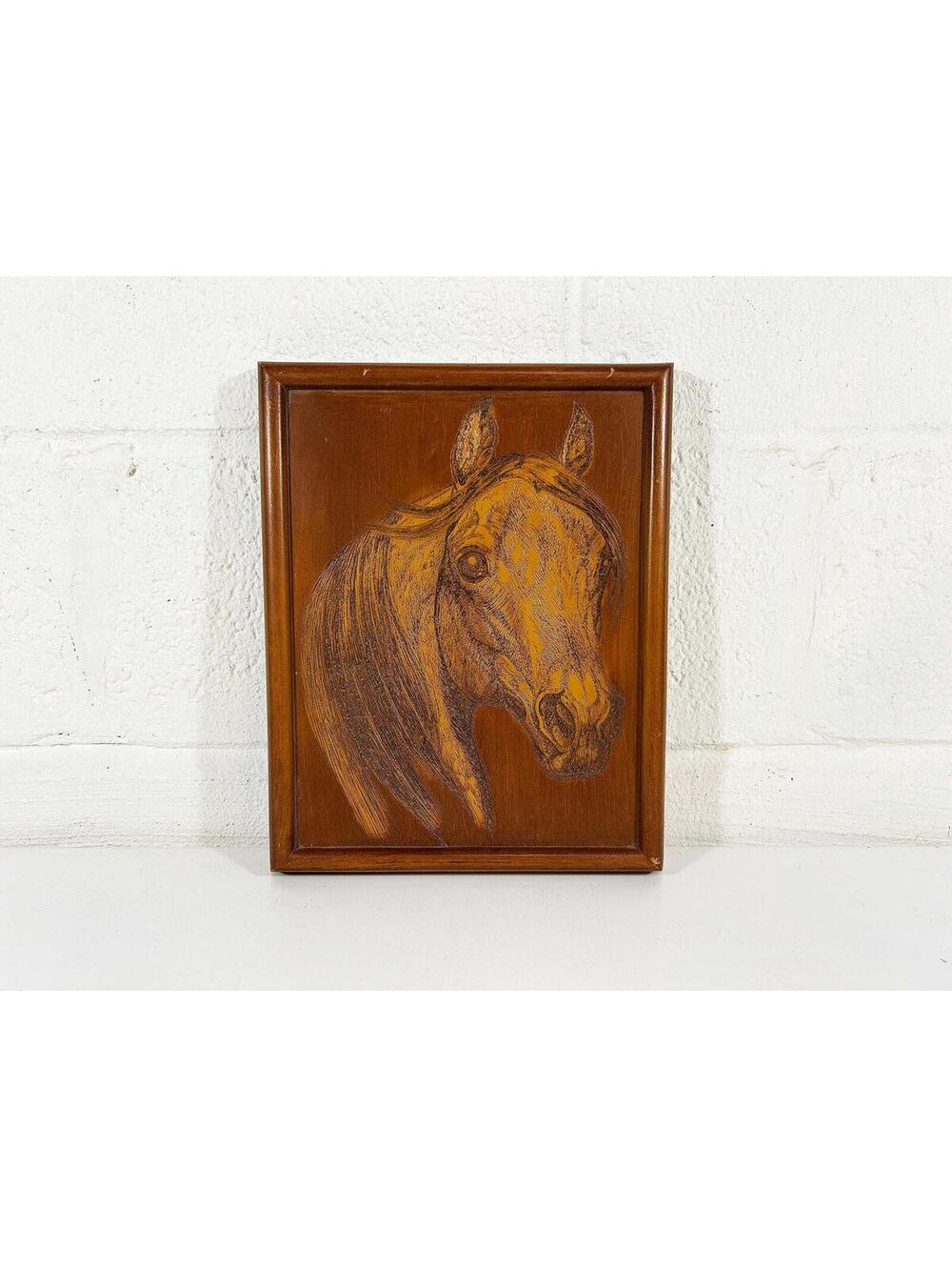 Horse Wood Art Brown Equestrian Etching Pyropgrahy E.H. Hart Nursery 1960s 1970s